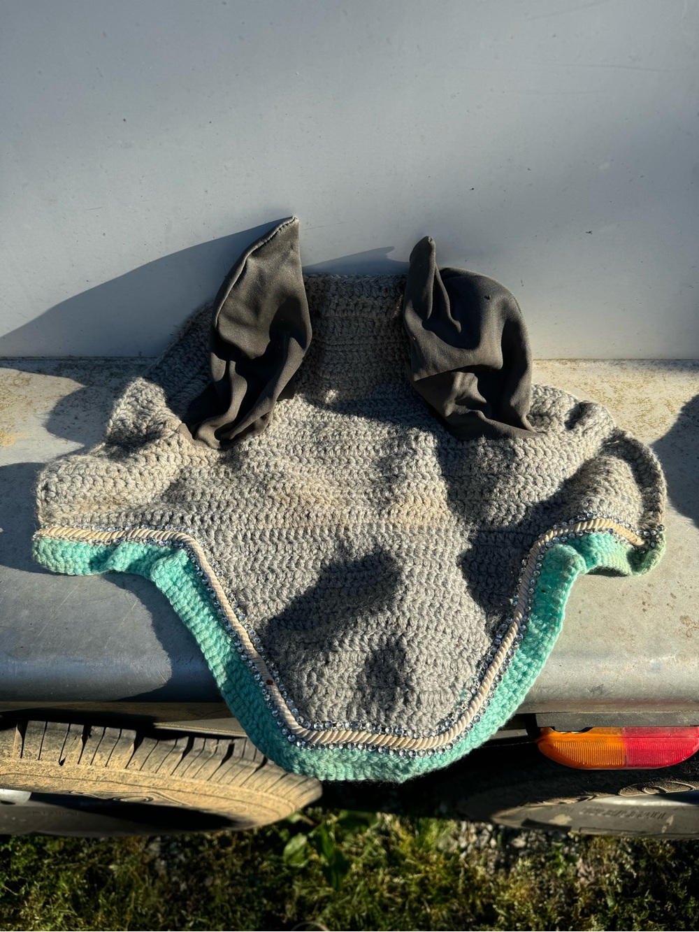 Handmade Gray/Teal Crochet Ear Fly Bonnet with Mint Trim and Jewels